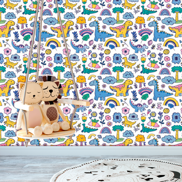 Adesivo Baby Dinossauro Desenhos em Azul, Amarelo e Verde
