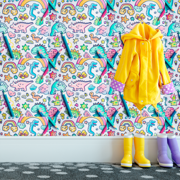 Adesivo Baby Dinossauro Desenhos em Azul, Rosa e Laranja