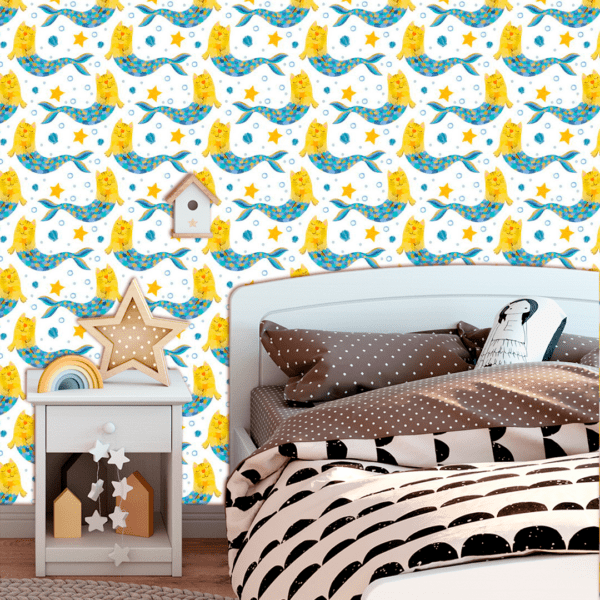 Adesivo Baby Gato Sereia Amarelo e Azul