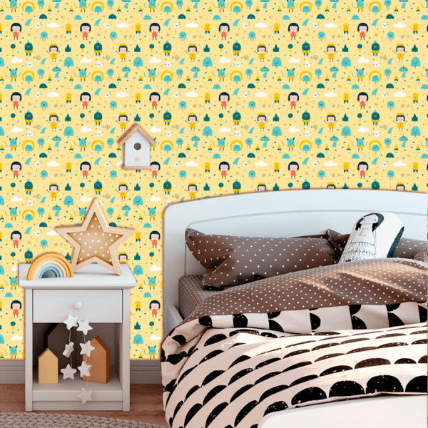 Adesivo Baby Personagens Felizes e Elementos em Fundo Amarelo