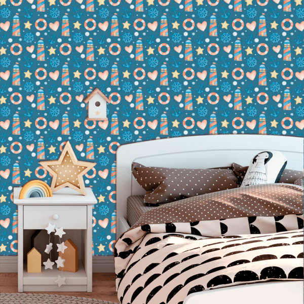 Adesivo Baby Náutica com Faróis Marítimos com Fundo Azul