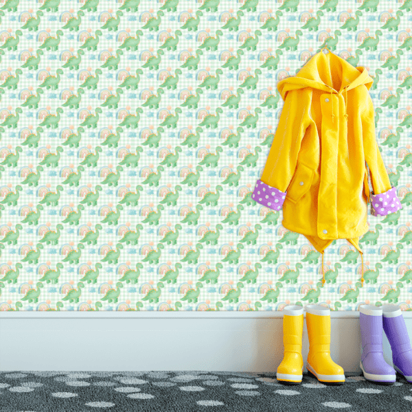 Adesivo Baby Dinossauro Verde com Fundo Xadrez Verde