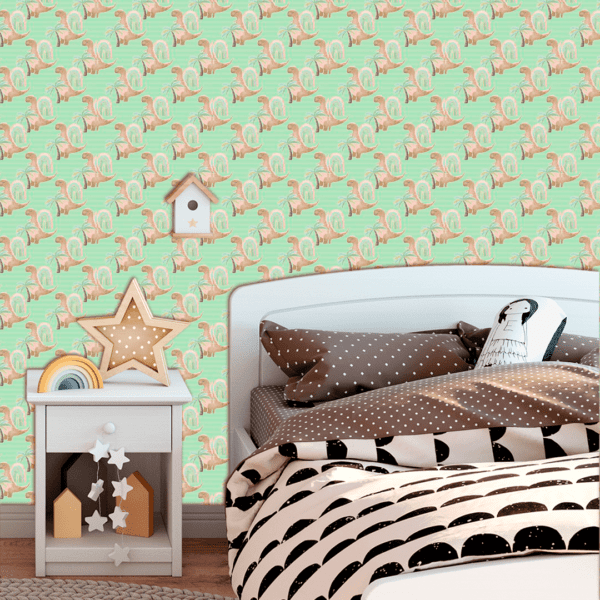Adesivo Baby Dinossauros Marrom com Fundo Listras Tons Verde