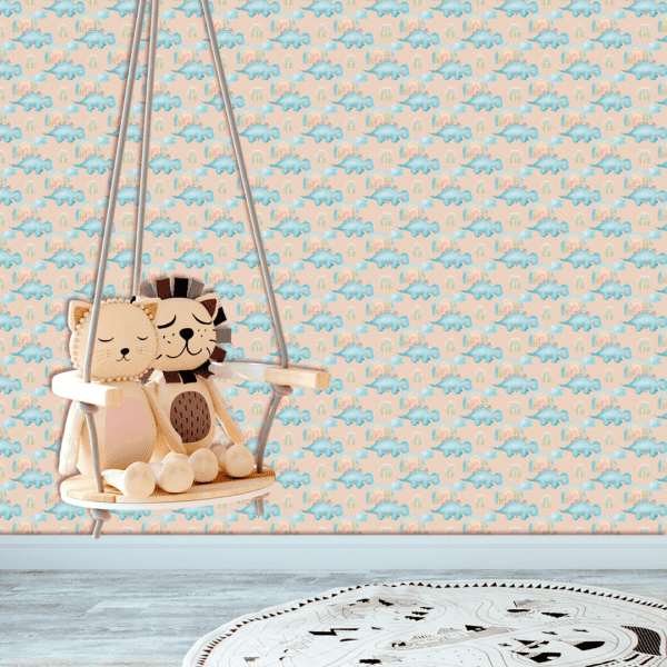 Adesivo Baby Dinossauro Azul com Fundo Bege Bolinhas Brancas