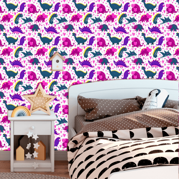 Adesivo Baby Desenho Dinossauro Contraste Rosa e Cinza Escuro