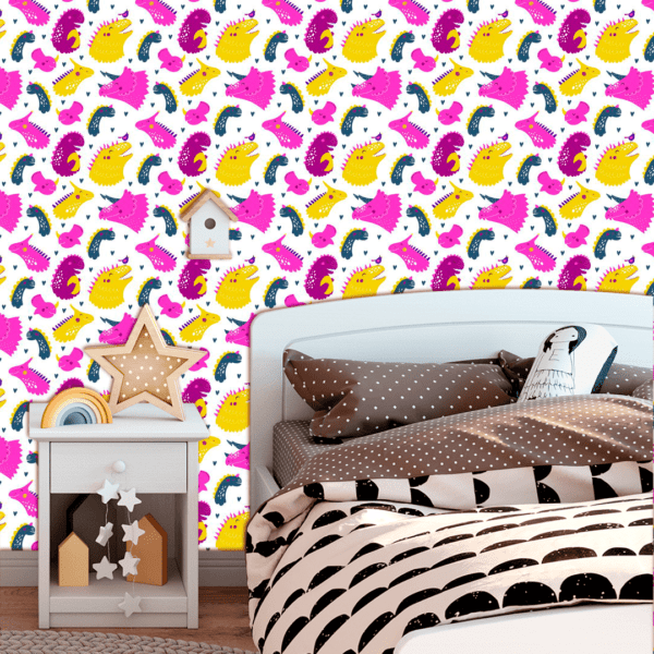 Adesivo Baby Desenho Dinossauro Contraste Rosa, Cinza Escuro e Amarelo