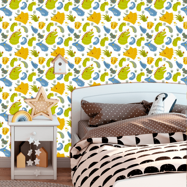 Adesivo Baby Dinossauros em Tons Pastel de Amarelo, Cinza e Azul