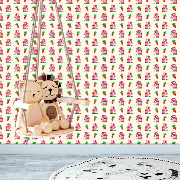 Adesivo Baby Desenho de Girafa e Coelho Fundo Listrado Rosa