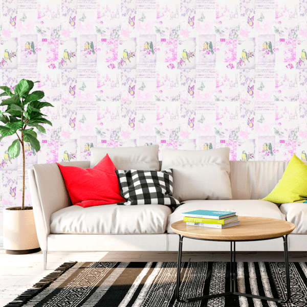 Adesivo Casual Top Pássaros e Flores Lilás Envelhecido