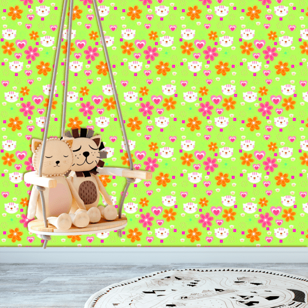 Adesivo Infantil Gatinhos e Flores Verdes
