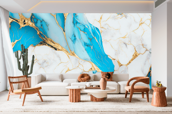 Adesivo Mármore Branco com Tons de Azul Turquesa e Dourado