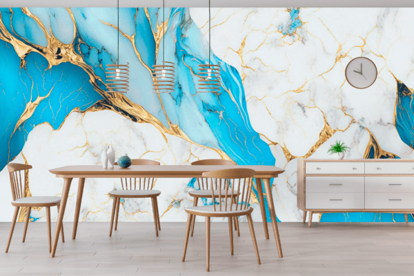 Adesivo Mármore Branco com Tons de Azul Turquesa e Dourado - Image 3